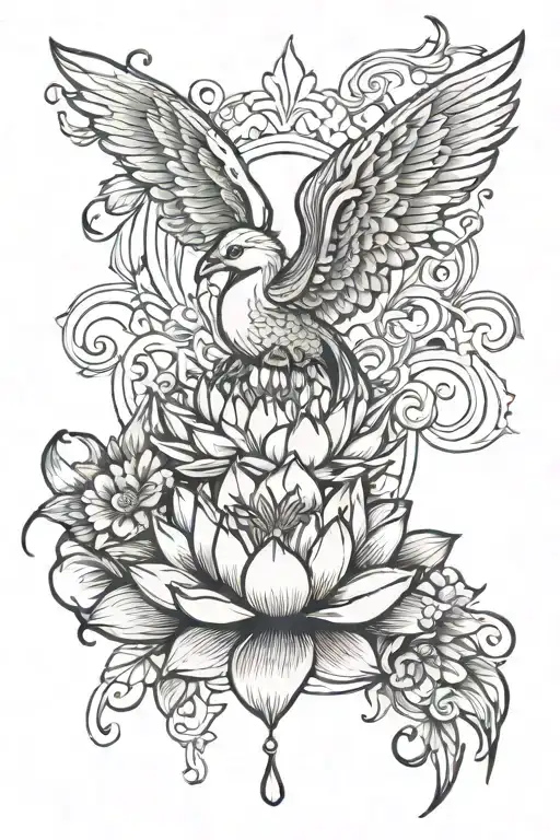 Lotus Flower With Orange Blossoms And A Phoenix Flying