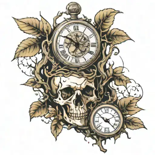 Tree Growing Out Of Skull With Clock And Compass
