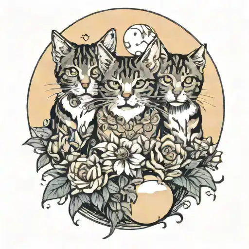3 Cats Playing With Flowers Under Moon Phases