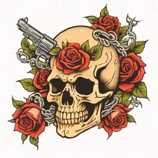Skull And Roses With Pistol Intertwined