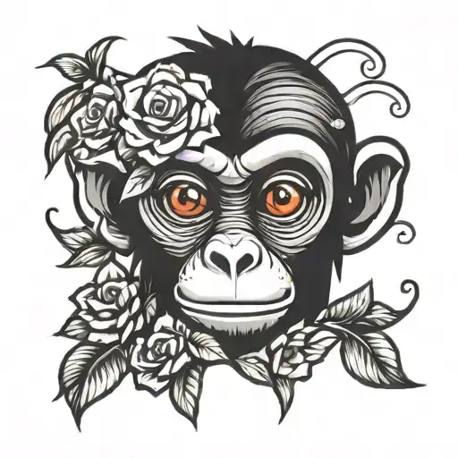 Cartoon Monkey Peeking Out Of A Rose