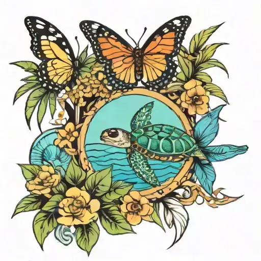 A Palm Tree Which Covers Around A Butterfly And A Sea Turtle