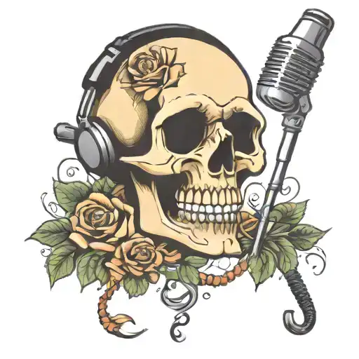 Singing Skull With Hanging Microphone Surrounded By Roses