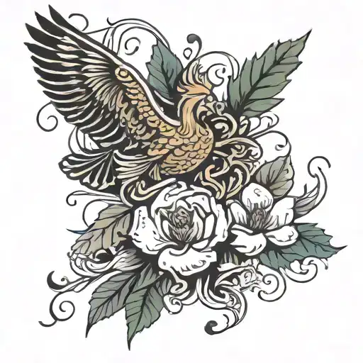 Flower Growing From Petal And Singing Phoenix In Blackwork