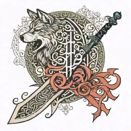 Verse Duha From Quran Written On A Sword And A Wolf Behind