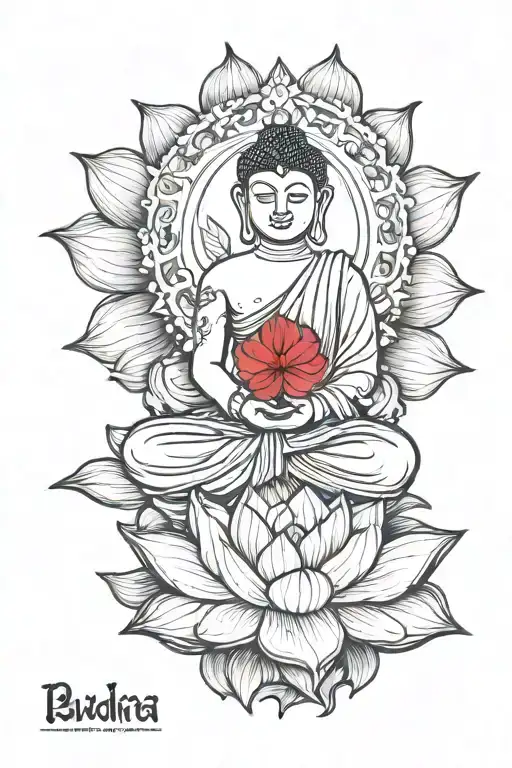 Buddha With Cambodian Flag And Lotus Flower Blooming