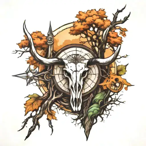Trees Background With Longhorn Skull And Compass
