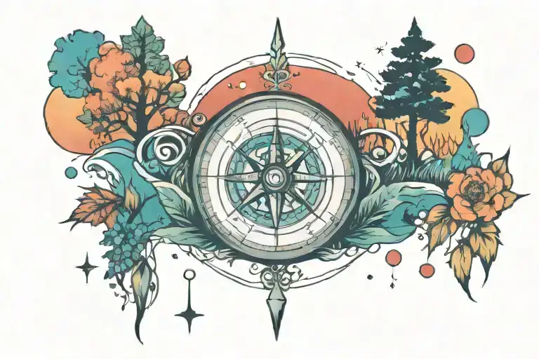Compass And Nature Elements Like Trees Colors Sunset And Water