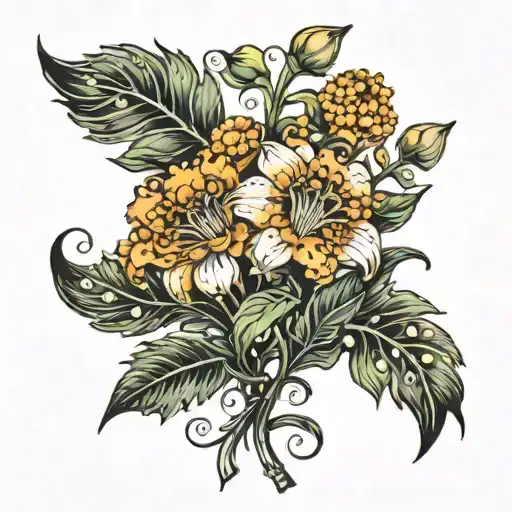 Two Marigold Flowers Wrapped Around 1 Lily Of The Valley