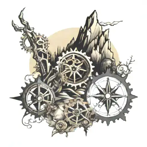Gears In Mountain Landscape With Compass