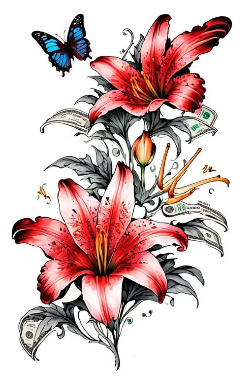 Lily Flowers With Money Butterflies With Red And Black Ink
