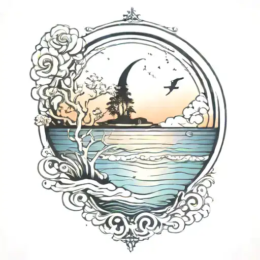 A Serene Beach Scene At Dusk With A Crescent Moon Reflected In The Calm Water