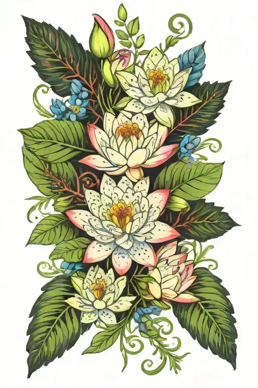 Water Lily And Larkspurs In A Fern Formation