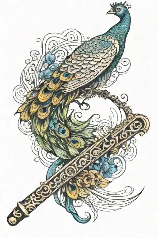 Flute Surrounded By Peacock Feathers