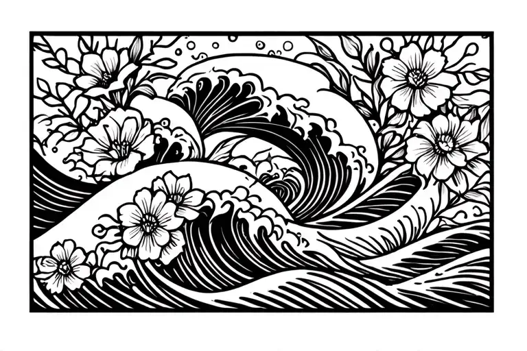 Black Line Tattoo Inspired By Waves And Flowers