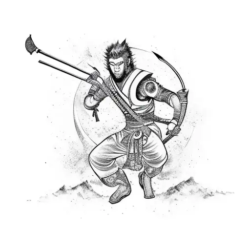 A Dynamic And Colorful Tattoo Of Sun Wukong Wielding A Katana In A New-school Style