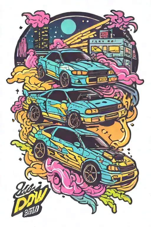 A New-school Style Tattoo Of A Jdm Car Racing Through A Neon-lit Tokyo Street