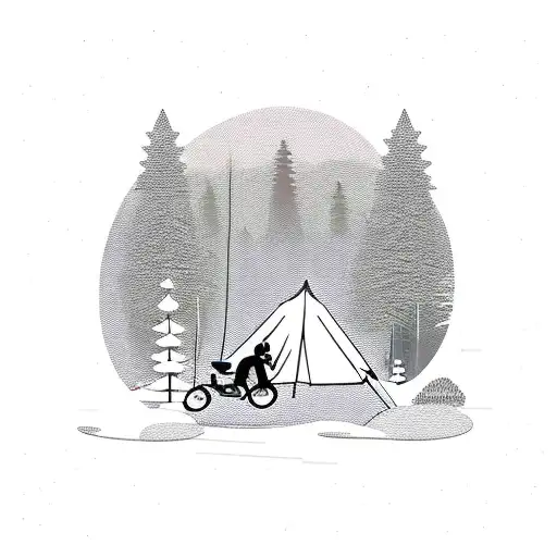 A Person Camping Along With His Motor Bike Near By A Steam In The Mountains Filled With Pine Trees