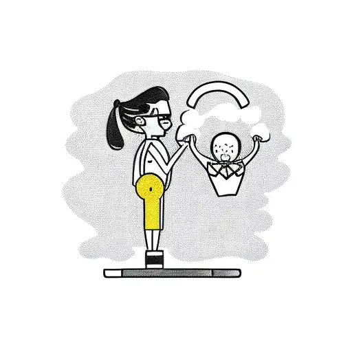 A New-school Tattoo Of A Lawyer Superhero Balancing A Briefcase And A Baby On A Beach