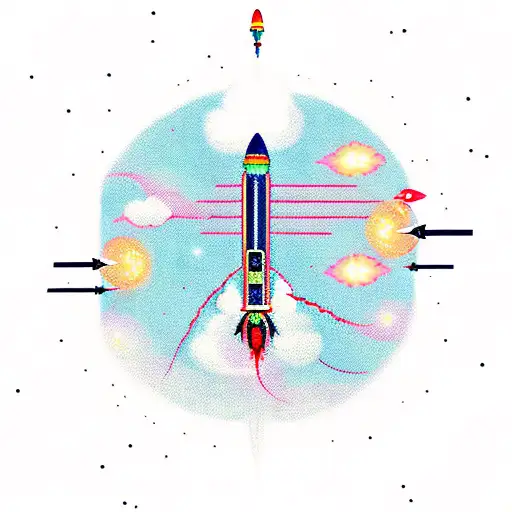 A Traditional Style Rocket Ship Blasting Off Into Space With A Dna Double Helix Trail