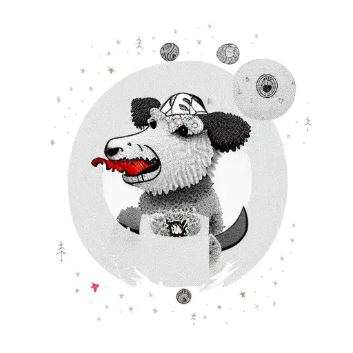 A New-school Tattoo Design With A Cute Sheepadoodle Wearing A Dinosaur Costume