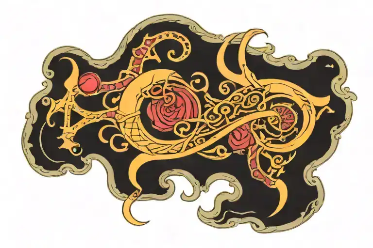 A Unique Tummy Tuck Tattoo Design With Elements Of Sagittarius Symbols And Gemstones