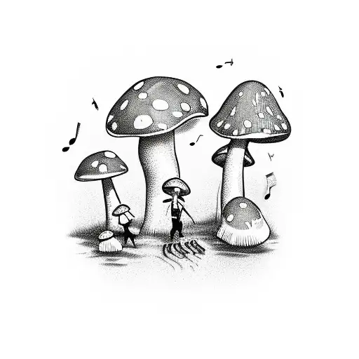 A Whimsical Scene Of A Mushroom Band Playing Music With Cannabis Leaves As Instruments