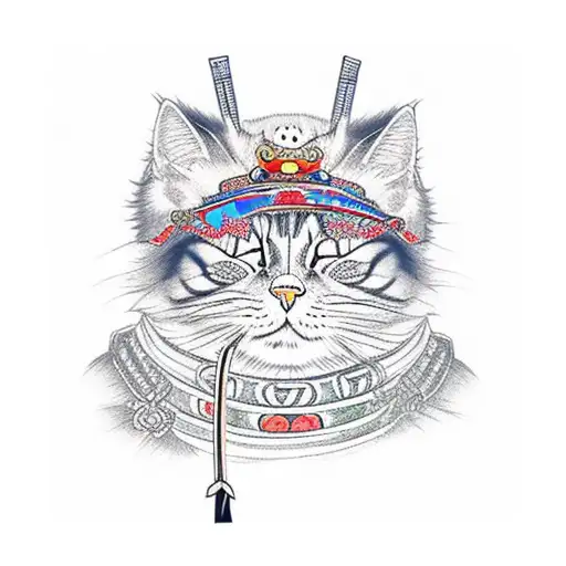 Samurai Cat With A Katana In Japanese Colors