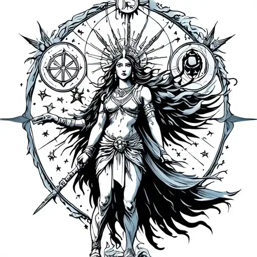 A Warrior Goddess Surrounded By Celestial Symbols Representing Inner Strength