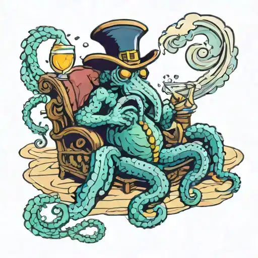 Colofrful Kraken Sitting On Beach Drinking Rum