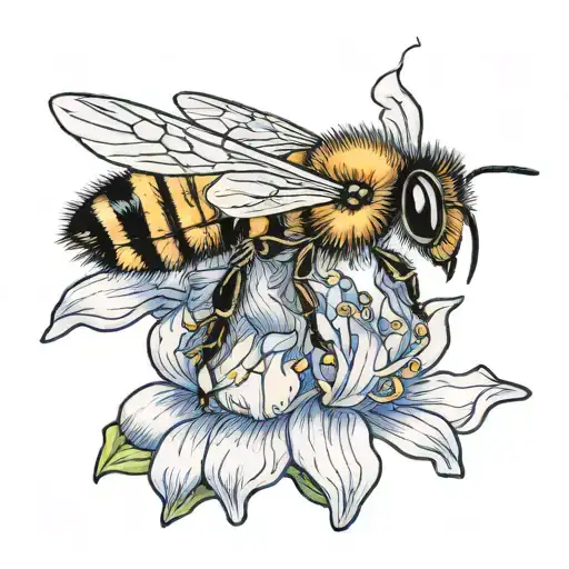 A Minimalist Tattoo Of A Honey Bee Perched On A Larkspur Flower