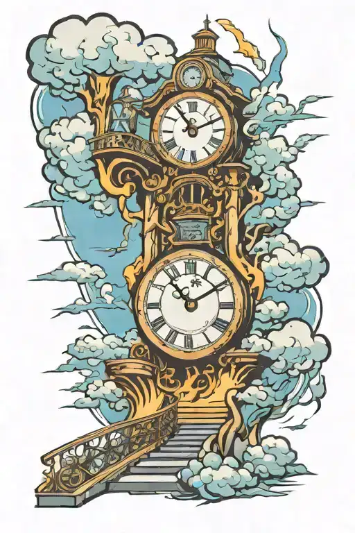 Clock With Clouds And Lightning At End Of Long Staircase