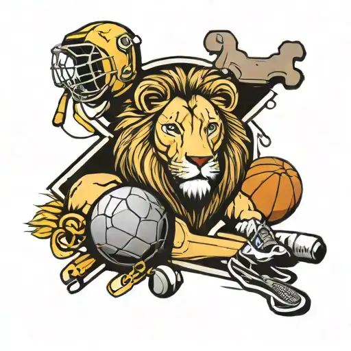 An Intricate Drawing Of A Lion Surrounded By Sports Equipment
