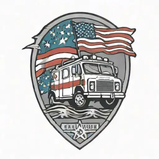 A Black-grey Tattoo Of An Ambulance With The American Flag Waving In The Background