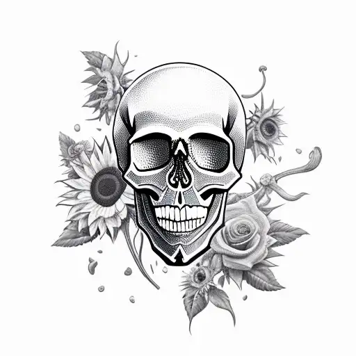 Skull And Roses And Sunflower