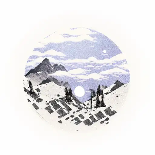 A Serene Landscape Of A Mountain Range With A Full Moon Rising Behind It