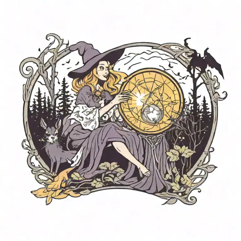 A Tarot Card Featuring A Witch With A Magical Crystal Ball In A Dark Forest