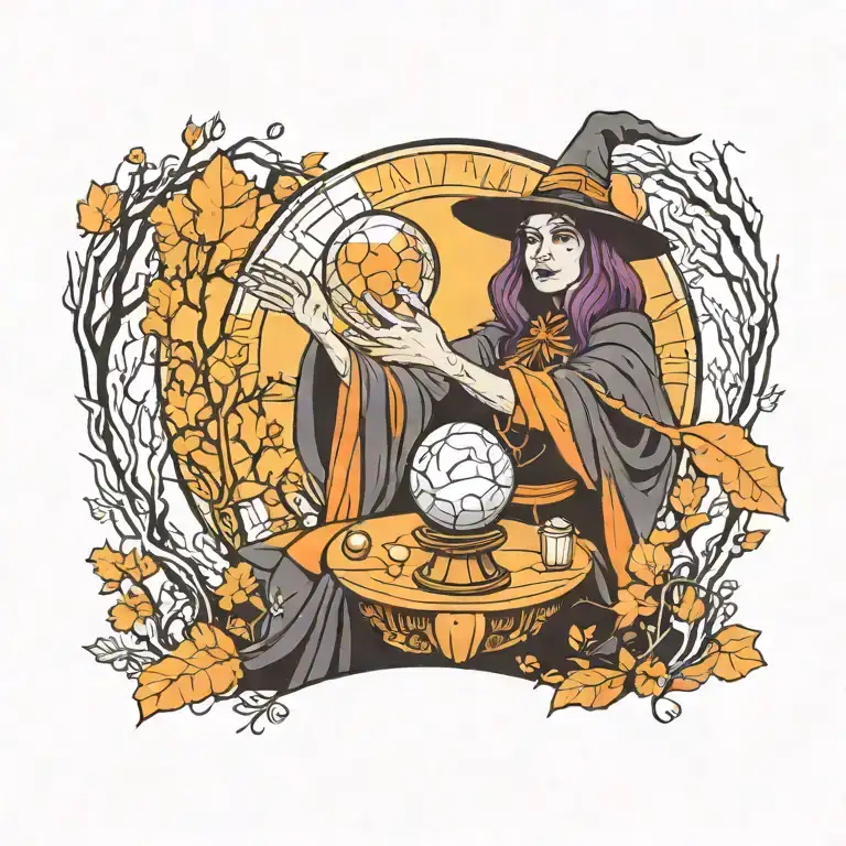 A Tarot Card Featuring A Witch With A Magical Crystal Ball In A Dark Forest