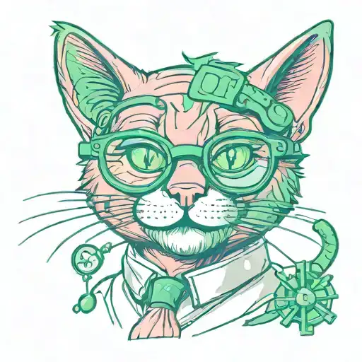 Pink Cat Scientist In Glasses With Green Eyes And A Wide Smile