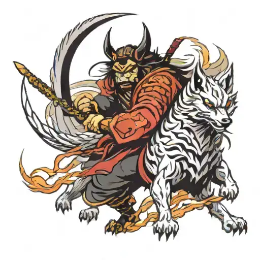 A Samurai Warrior Battling A Demon With A Nine-tailed Fox And A Wolf By His Side