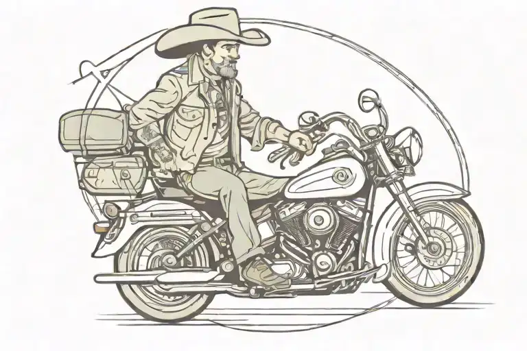 A Man Holding A Wrench Riding A Harley Davidson Wearing A Cowboy Hat With No Beard