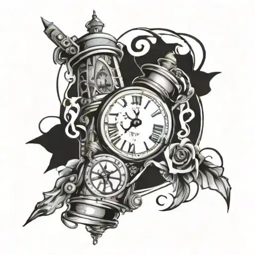 Black And White Tattoo Sleeve With Symbols Of Time Moving Fast And Everything Being Planned