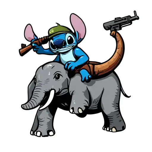 Stitch From Lilo And Stitch Drinking Boba Riding An Elephant With An M4 Hanging On Its Tusk