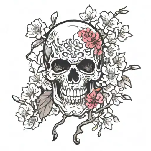 A Skull Adorned With Intricate Martial Arts Symbols And Cherry Blossom Branches