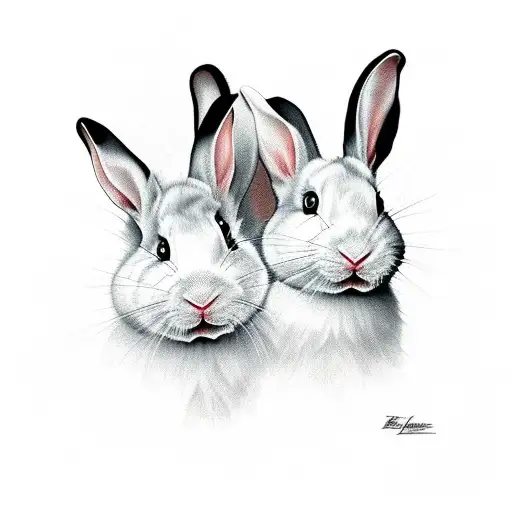 One White And One Black Rabbit Sitting Back To Back