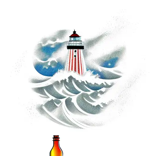 Ship In A Bottle With Waves And Lighthouse