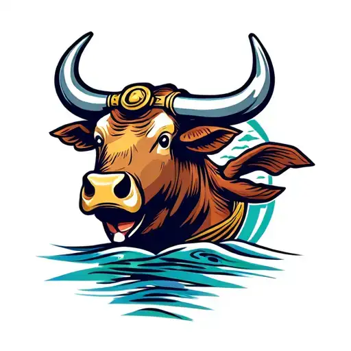 Bull Head With Boat Simbol And Some Colours Like Logo Designs