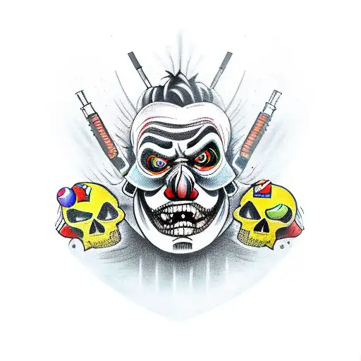 A New-school Style Tattoo Of An Evil Death Clown Juggling Guns And A Skull
