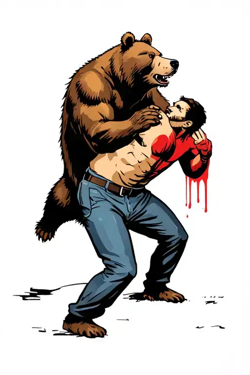 Bear Fighting A Man Standing Side By Side Profile With Minimal Blood