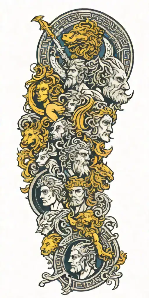 Greek Mythology Featuring Multiple Gods And Background Elements With Mythological Beasts